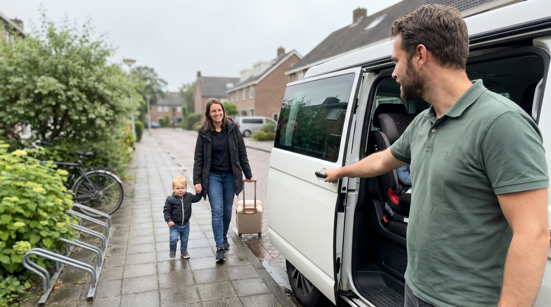 Een chauffeur houdt de schuifdeur van een witte taxibus open, binnen staat het kinderzitje al klaar en een moeder loopt met haar kind naar de bus