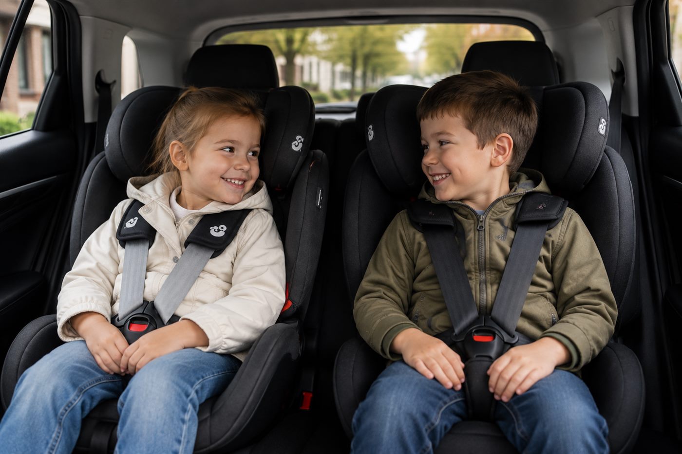 Twee kinderen zitten vastgegespt in hun kinderzitjes achterin de auto