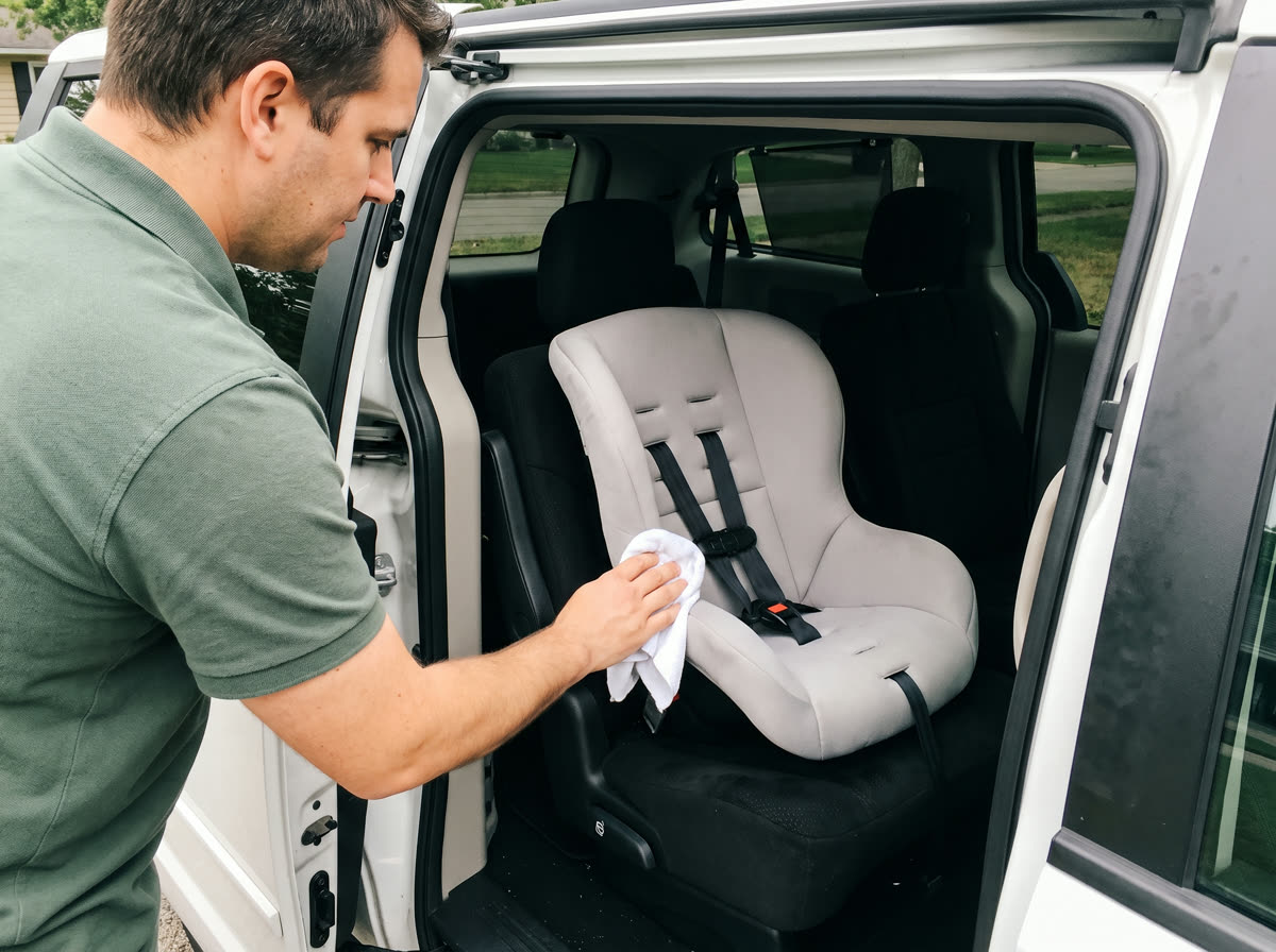 Een chauffeur maakt een lichtgrijs kinderzitje schoon met een witte doek